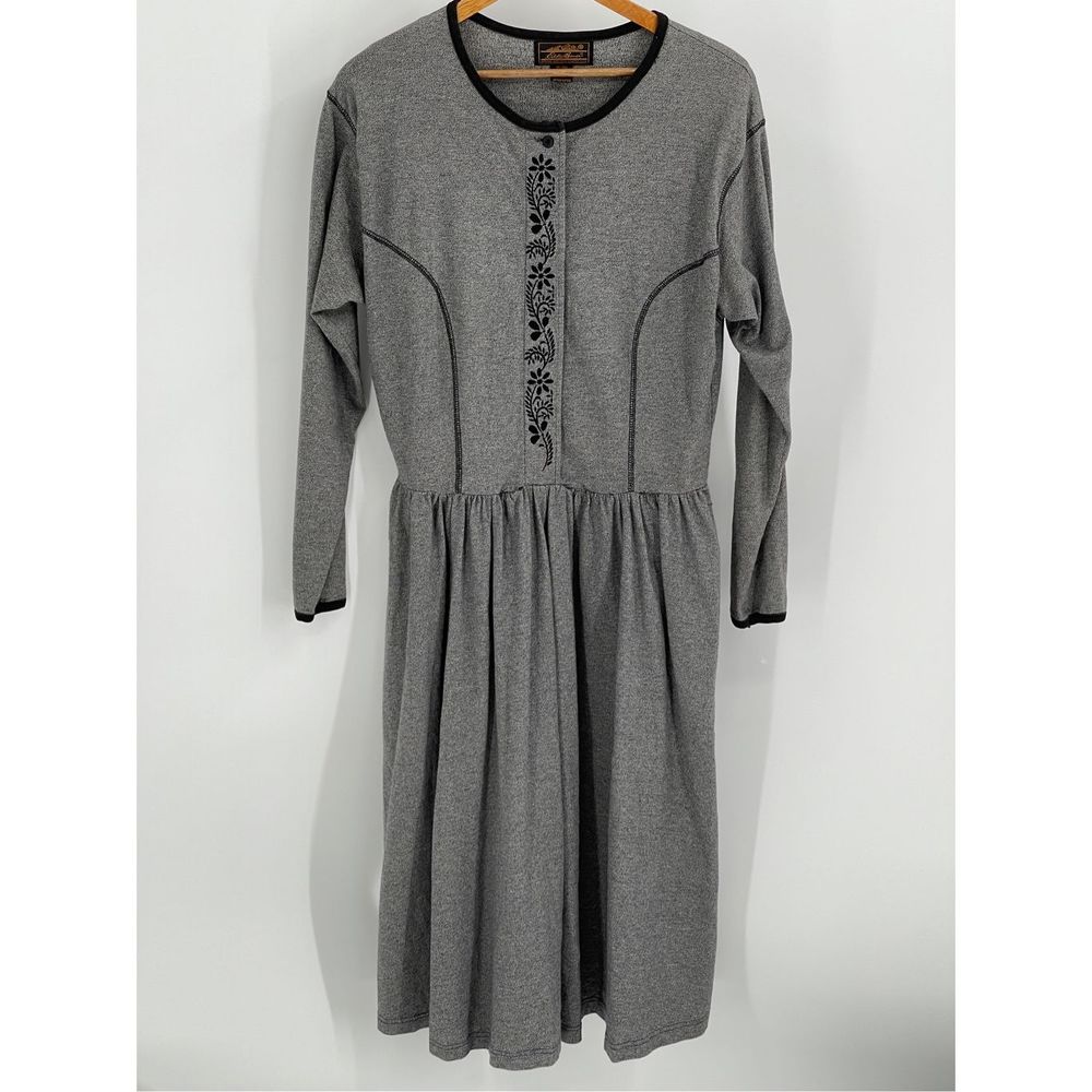 Eddie Bauer Dress Maxi Womens Large Long Sleeve Lagenlook Gray Black Embroider